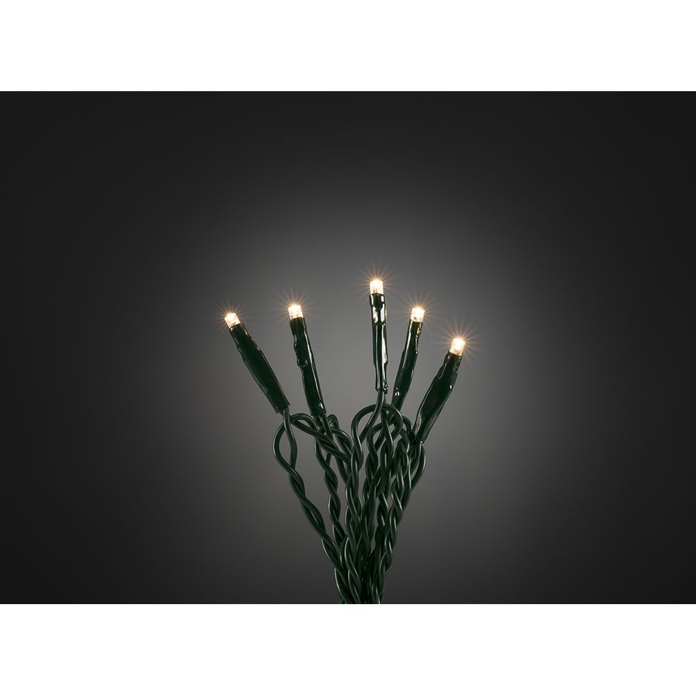 10m Micro LED Lichterkette 20 Warmweiße Dioden auf dunklem Hintergrund mit leuchtenden Lichtern.
