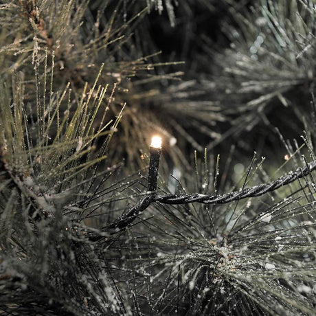 18m Micro LED Lichterkette 600 Warmweiße Dioden IP44 auf Tannenzweigen mit Frost.