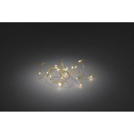 2.4m Micro LED string lights with timer, 20 warm white LEDs, battery-operated, warm light on a dark surface.