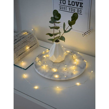 2,4m Micro LED Lichterkette Timer 40 Warmweiße Dioden batteriebetrieben, dekorativ um eine Vase mit Pflanzen.
