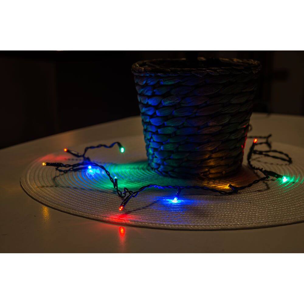 Bunte Micro LED Lichterkette um einen Blumentopf, ideal für kreative Dekorationen.