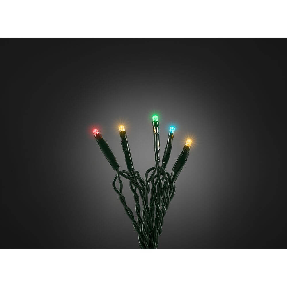 4m Micro LED Lichterkette 20 bunte Dioden mit leuchtenden roten, grünen, blauen und gelben Lichtern auf dunklem Hintergrund.