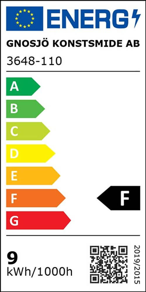 Energieeffizienzlabel für Gnosjö Konstsmide AB, Modell 3648-110, Bewertung F, 9 kWh/1000h.