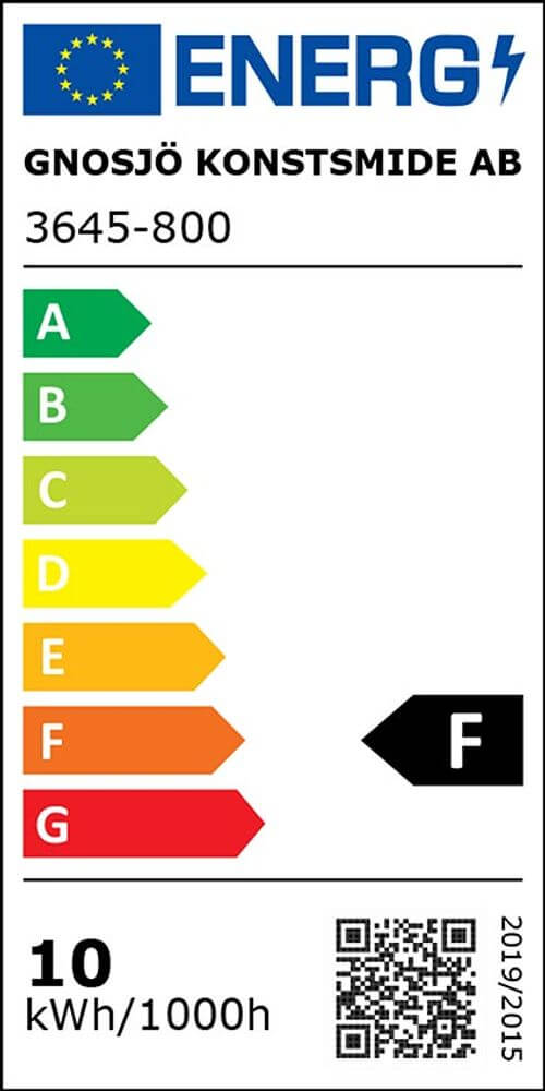 Energieeffizienzlabel mit F für GNOSJÖ KONSTSMIDE AB, 10 kWh/1000h