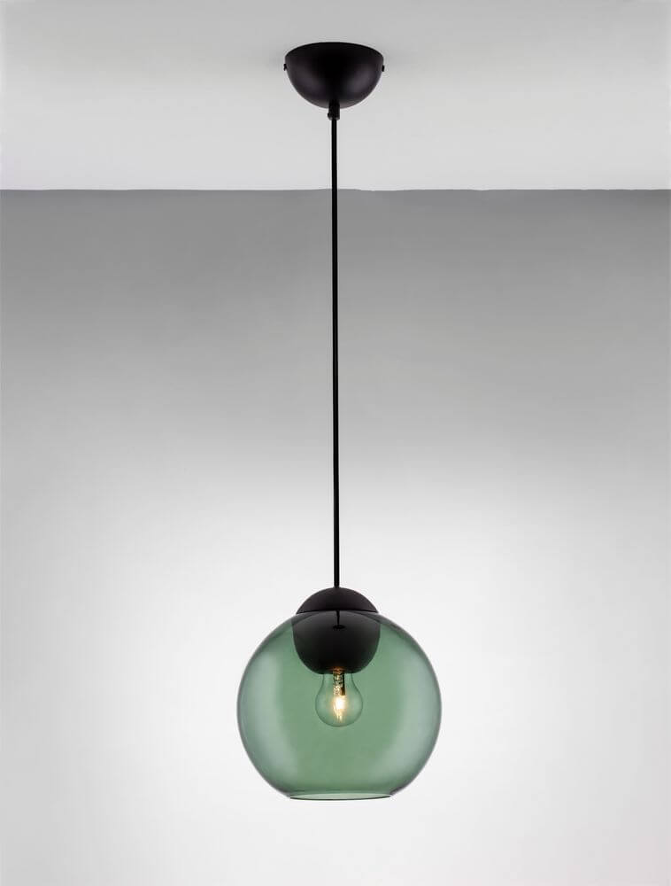 Midori Pendelleuchte E27 Ø 24cm in Smoke, moderne Lichtgestaltung mit schwarzem Metallkopf und rauchgrauem Glasschirm.