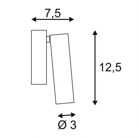 Maßzeichnung der Milan Single Spot LED Wandspot, zeigt 7,5cm Breite, 12,5cm Höhe und 3cm Durchmesser.