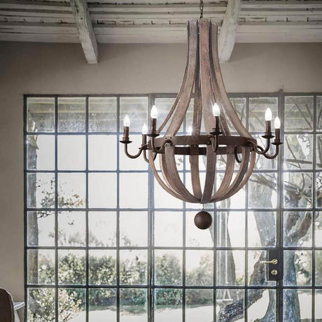 Millenium Kronleuchter 8-flammig Holz im vintage Stil mit Holz- und Metallelementen im rustikalen Design.