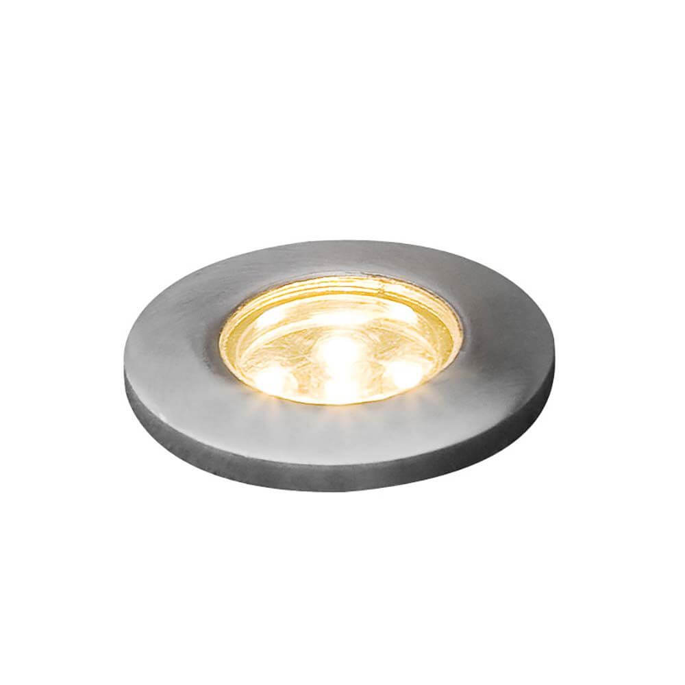 Mini LED Bodeneinbaustrahler 3er-Set IP44 in rundem, silbernem Design mit warmem Licht.