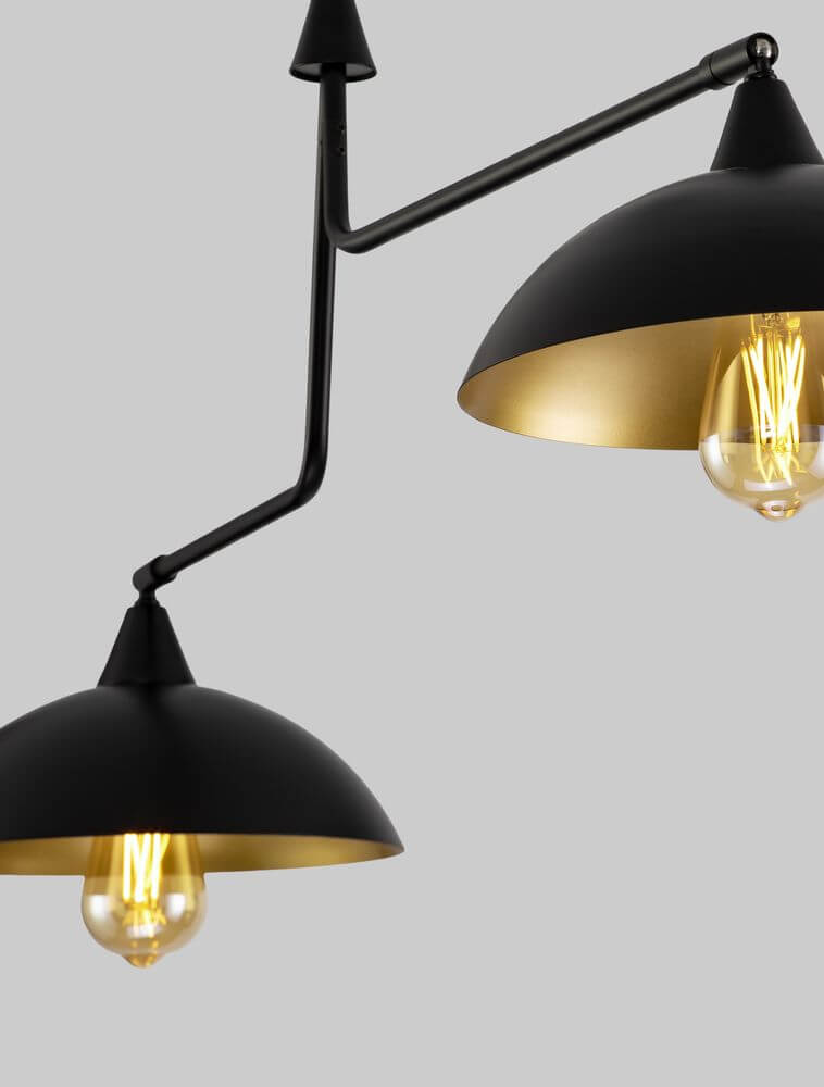 Mirba Pendelleuchte 2-flammig Schwarz, Gold mit schwenkbaren Armen und markantem Design.