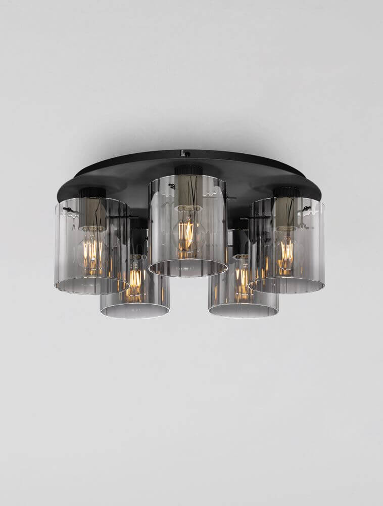 Mirbi Deckenleuchte 5-flammig Ø 50cm Schwarz, Rauch mit elegantem Design aus Aluminium und Rauchglas.