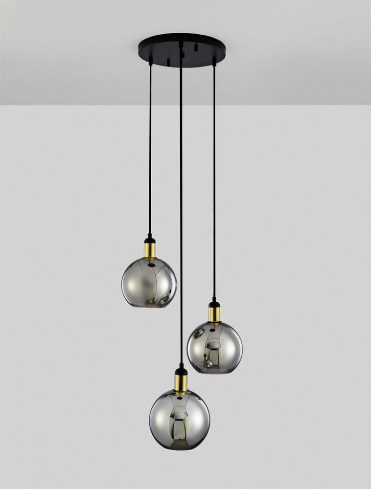 Mirro Pendelleuchte 3-flammig Ø 30cm Gold, Schwarz, Rauch mit rauchfarbenen Glasschirmen
