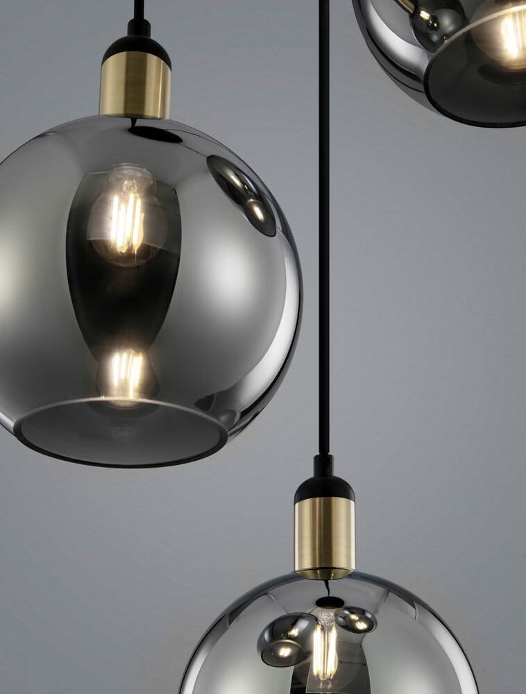 Mirro Pendelleuchte 3-flammig Ø 30cm Gold, Schwarz, Rauch mit rauchfarbenen Glasschirmen.
