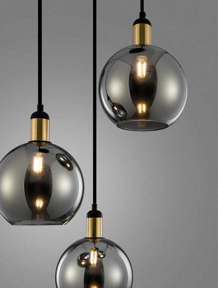 Mirro Pendelleuchte 3-flammig Ø 30cm Gold, Schwarz, Rauch mit rauchfarbenen Glasschirmen