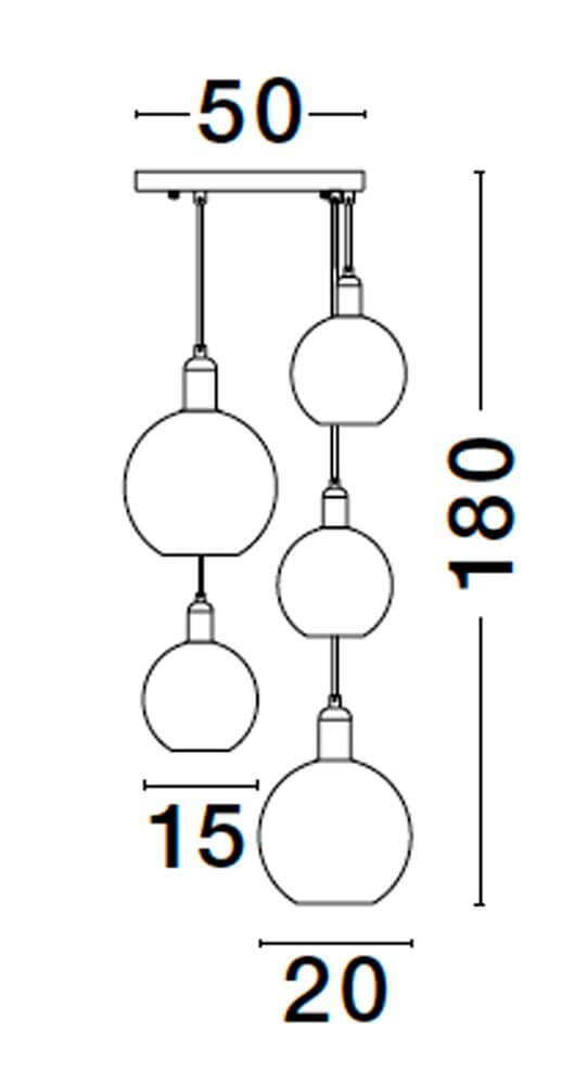 Technische Zeichnung der Mirro Pendelleuchte 5-flammig Ø 50cm Gold, Schwarz, Rauch mit Maßen.