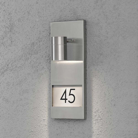 Modena Außen-Wandleuchte mit Hausnummern Edelstahl, klares Glas, Reflektor, modernes Design, Hausnummer 45.