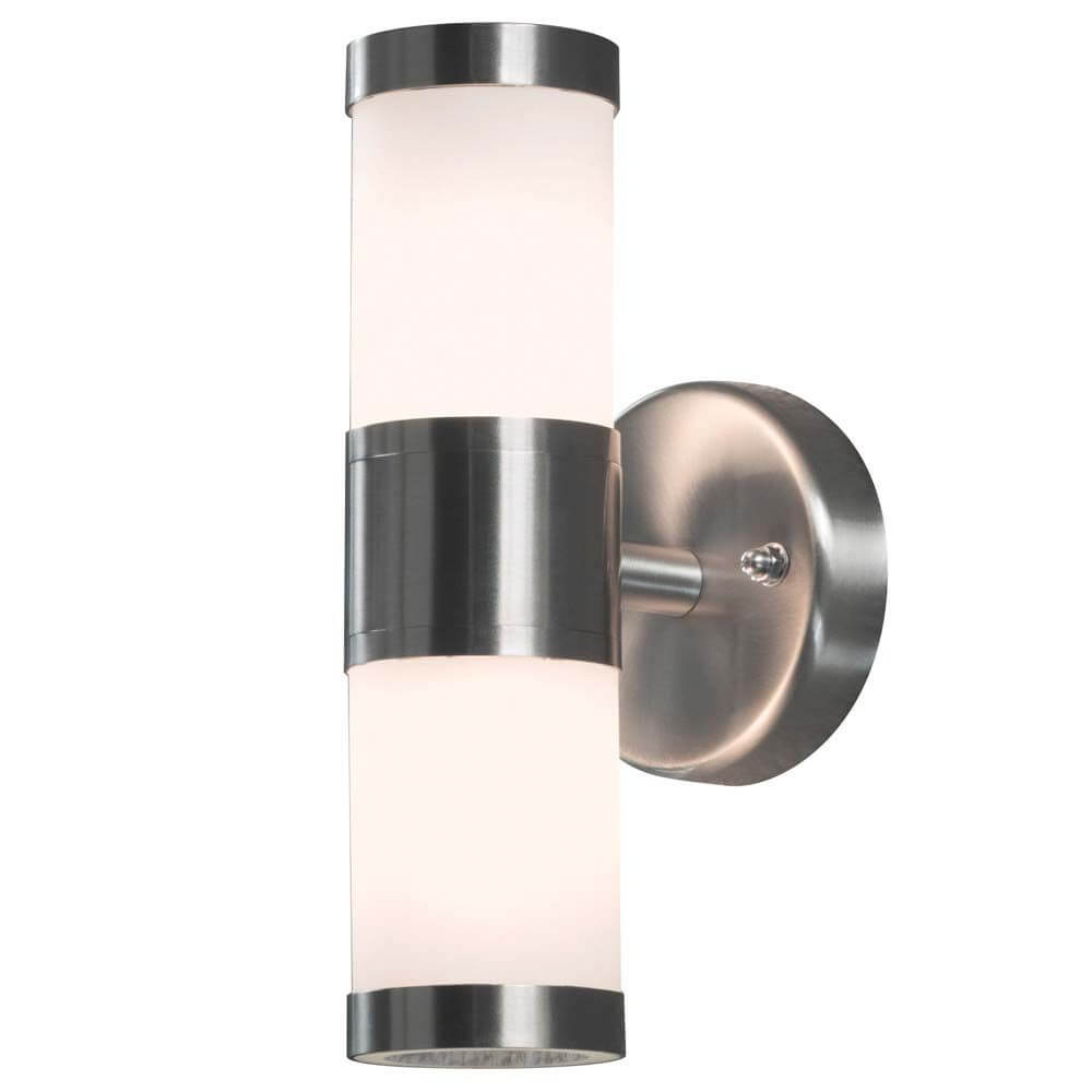 Modena outdoor wall lamp with light cone, stainless steel, opalescent glass mounted on a wall, modern design.