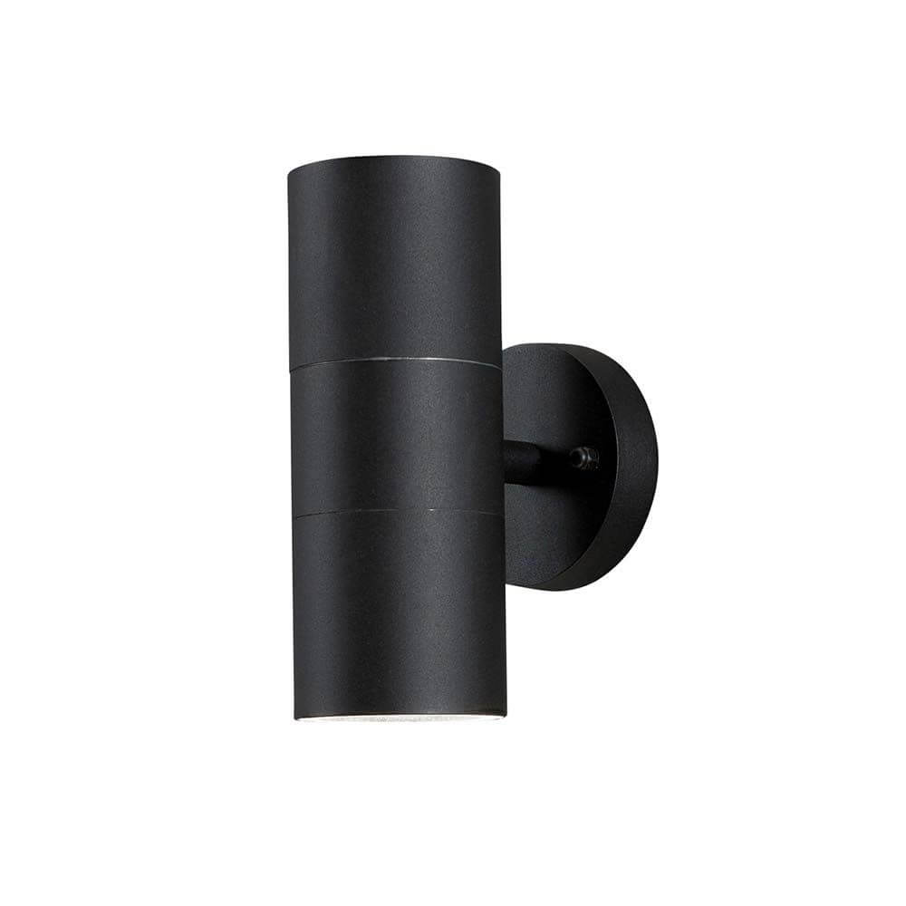 Modena Außen-Wandleuchte mit doppeltem Lichtkegel Schwarz, klares Glas, Reflektor an einem Gebäude montiert.