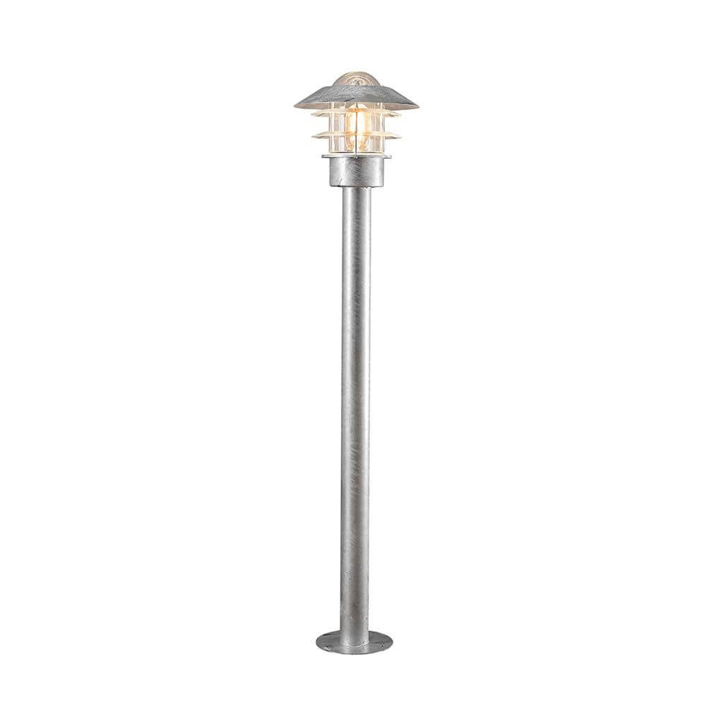 Modena lampada da terra in acciaio zincato, vetro trasparente con design moderno e materiale robusto.