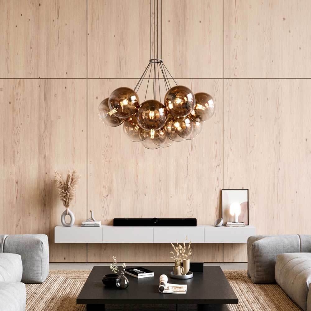 s.luce Modular Umbau bis 20 Leuchten in modernem Wohnzimmer mit eleganter Deckenlampe.