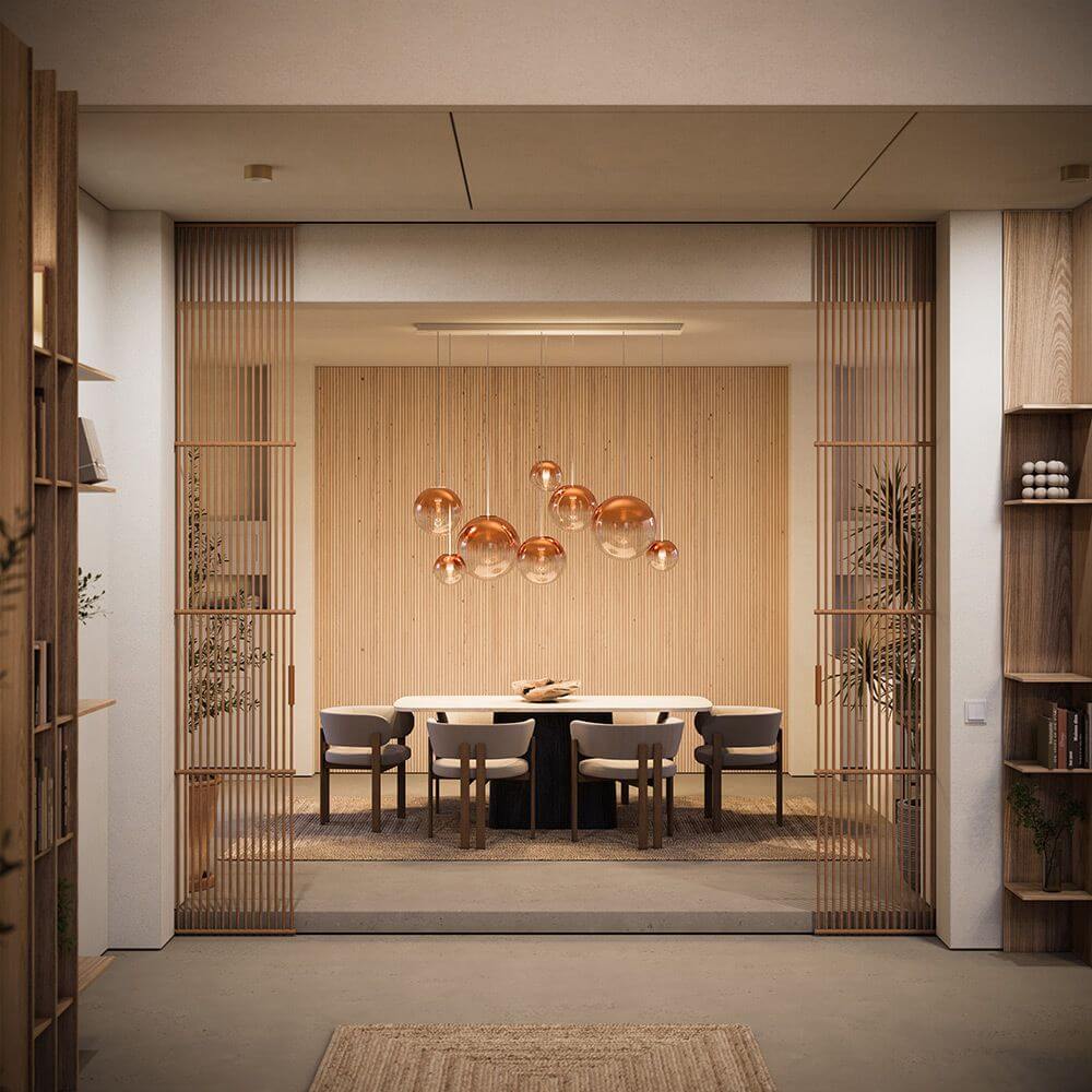 s.luce Modular Umbau bis 20 Leuchten im modernen Essbereich mit eleganter Beleuchtung.