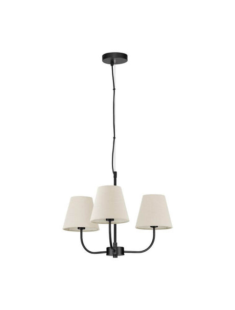 Suspension Moist à 3 lampes Ø 52 cm noir, beige avec élégants abat-jour habillés de tissu en crème.