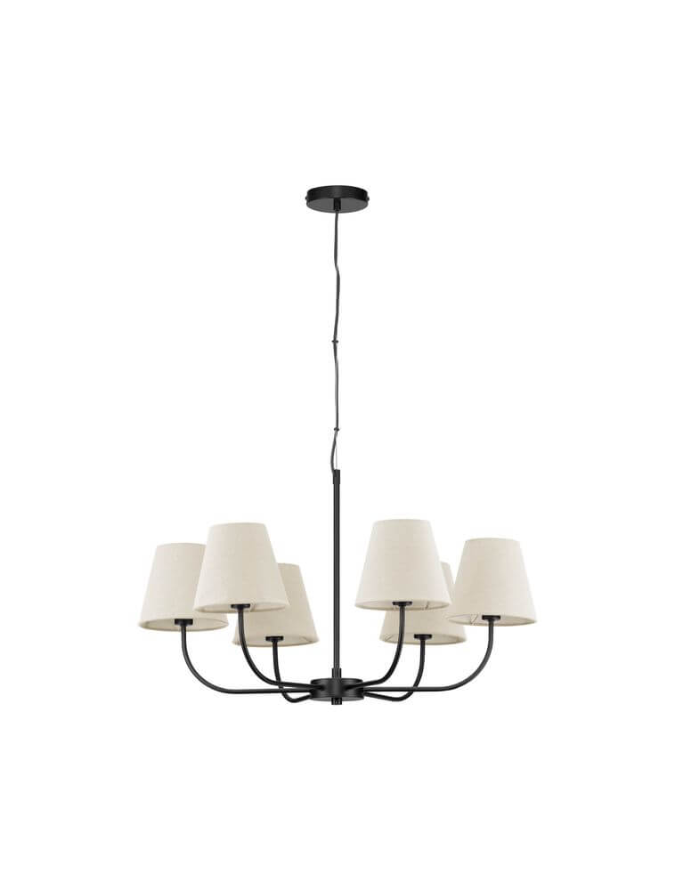 Moist Pendelleuchte 6-flammig Ø 75cm Schwarz, Beige mit Textilschirmen und elegantem Metallgestell.