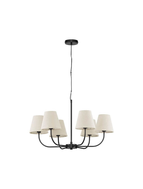 Fugtig pendel 6 pærer Ø 75cm sort, beige med tekstilskærme og elegant metalramme.