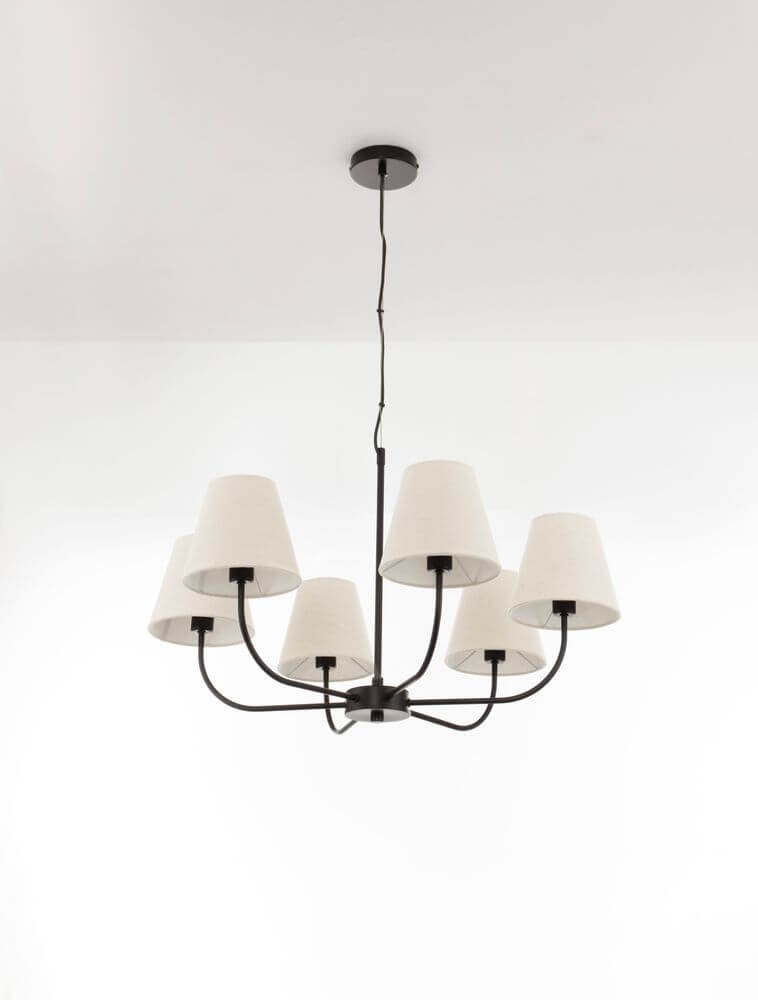 Moist Pendelleuchte 6-flammig Ø 75cm Schwarz, Beige mit stilvollen Textilschirmen.