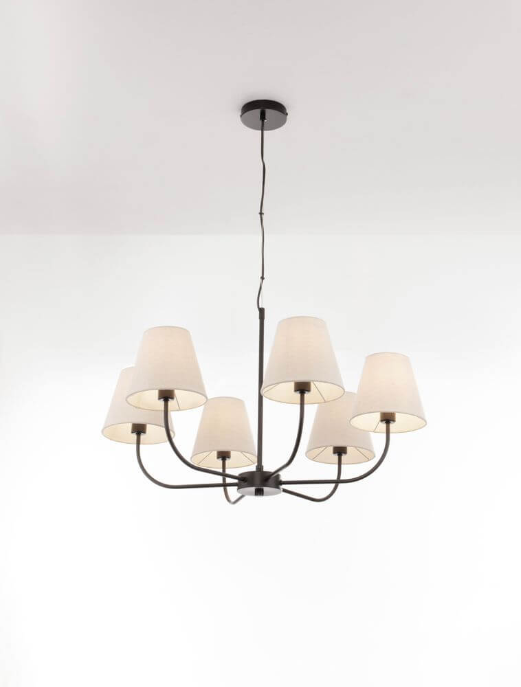 Moist Pendelleuchte 6-flammig Ø 75cm Schwarz, Beige mit textilen Leuchtköpfen für gemütliche Beleuchtung.