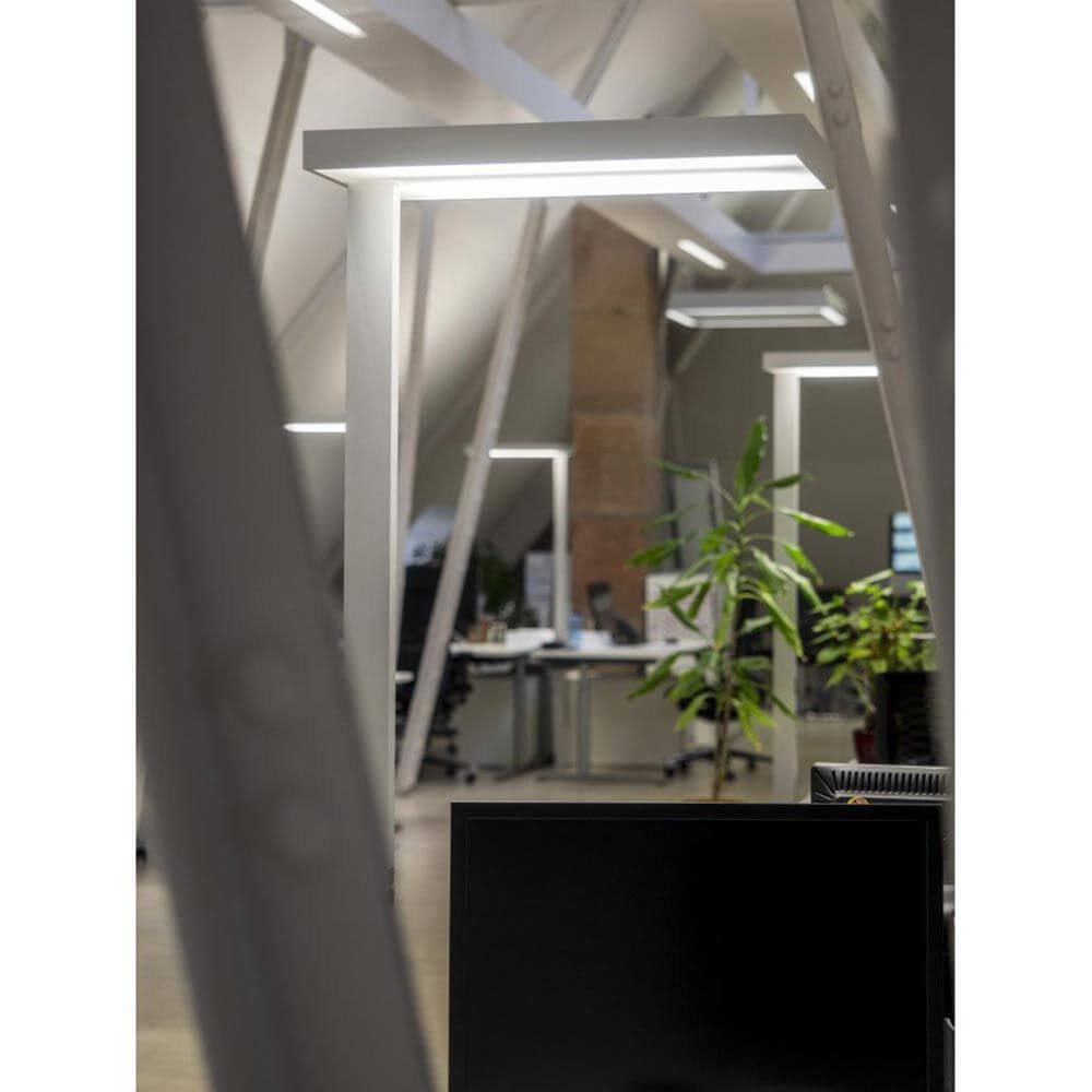 Moderne Büro-Stehleuchte in Grau, beleuchtet einen eleganten Arbeitsbereich mit Pflanzen im Hintergrund.