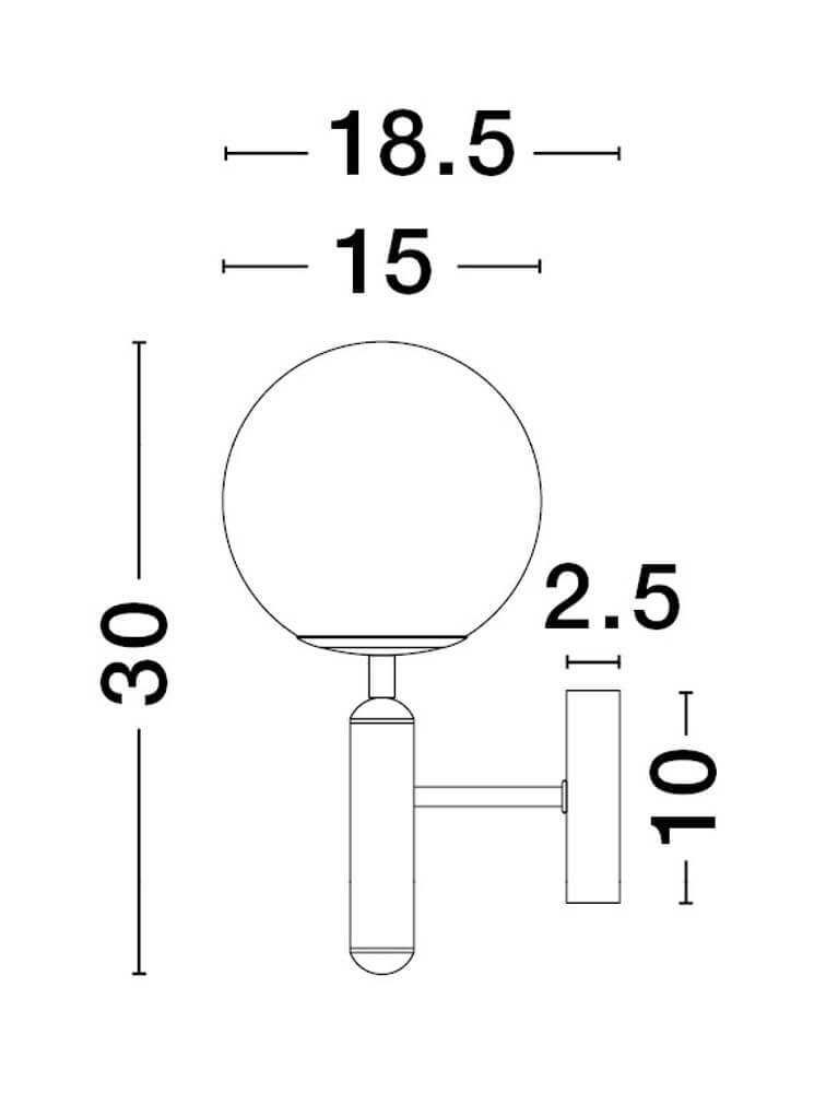 Monet Wandleuchte Gold, Weiß – technisches Maßdiagramm mit Abmessungen 30x18,5x10 cm und Kugelschirm Ø15 cm