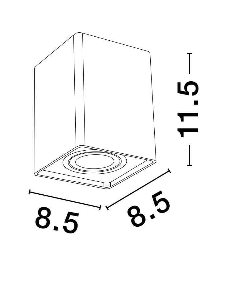 Maßzeichnung der Monique Deckenleuchte GU10 mit Abmessungen 8,5 cm x 11,5 cm.