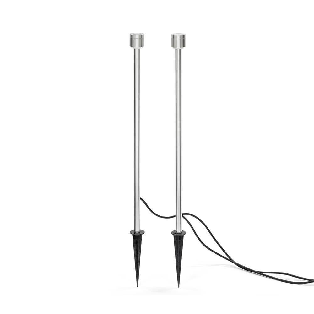 Monza LED Erdspießleuchten Set 2-tlg. 12V im Bild, moderne Gartenbeleuchtung, zwei Erdspießleuchten aus Edelstahl