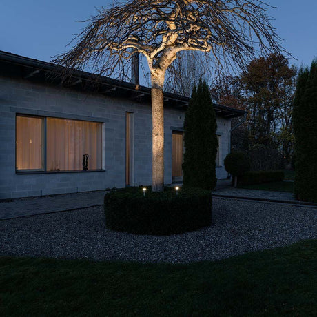 Monza LED Erdspießleuchten Set 2-tlg. 12V beleuchtet einen Gartenbereich in der Dämmerung.