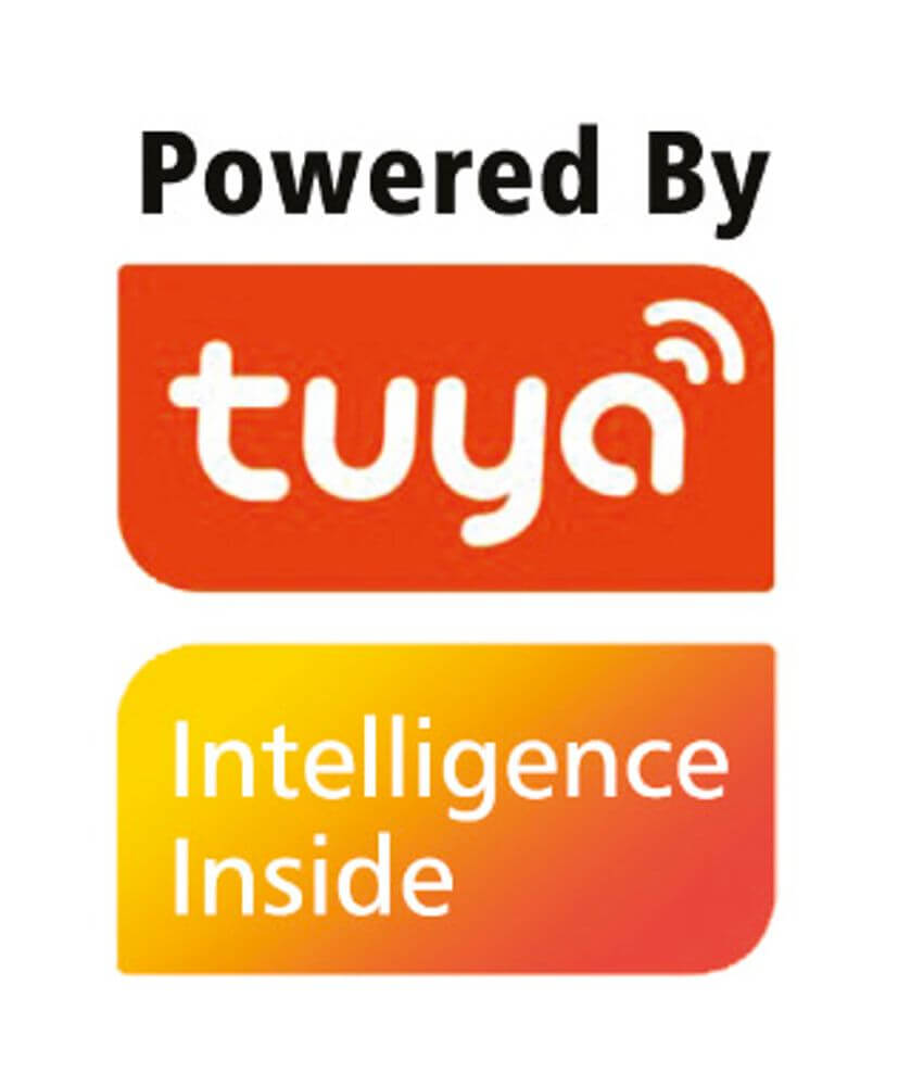 Logo mit der Aufschrift 'Powered By tuya' und 'Intelligence Inside' in auffälliger Schrift.