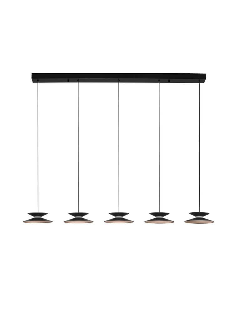 Morfi Pendelleuchte Balken 132cm 5-flammig 3000K Schwarz, Gold mit modernem Design und warmer Lichtkomposition.