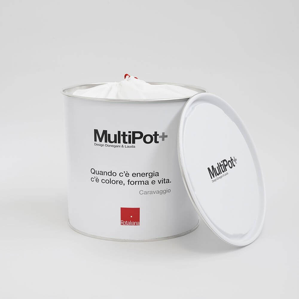 Rotaliana Multipot+ Tischleuchte Kabelcontainer + Ladestation Chrom Produktabbildung in stilvollem Design.