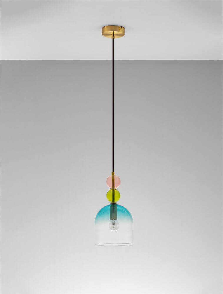 Murano Pendelleuchte Ø 16cm Gold, Mehrfarbig mit bunten Farbverläufen und goldfarbener Aufhängung