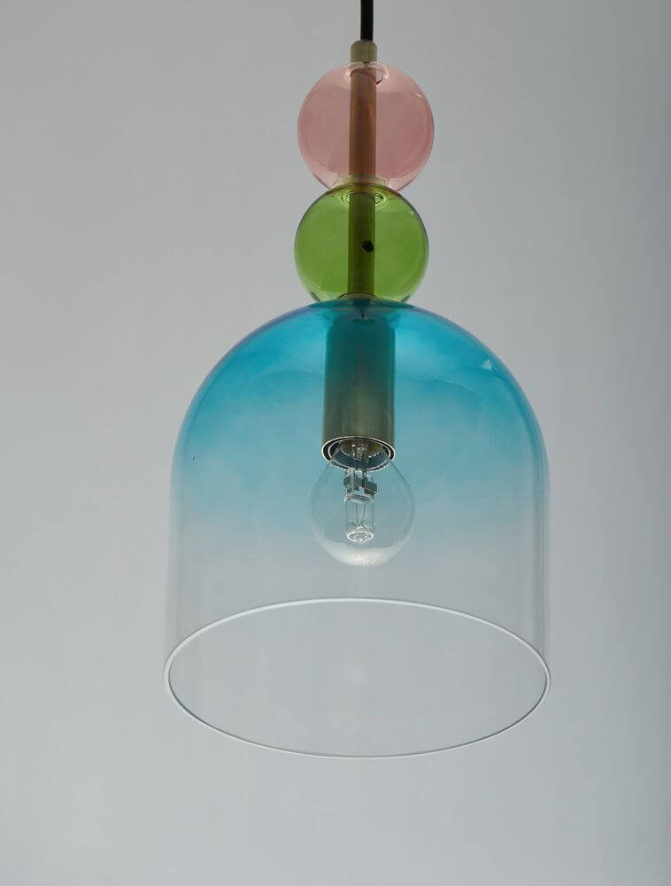 Murano Pendelleuchte Ø 16cm Gold, Mehrfarbig mit buntem, mundgeblasenem Glas-Dome in Blau, Grün und Pink.
