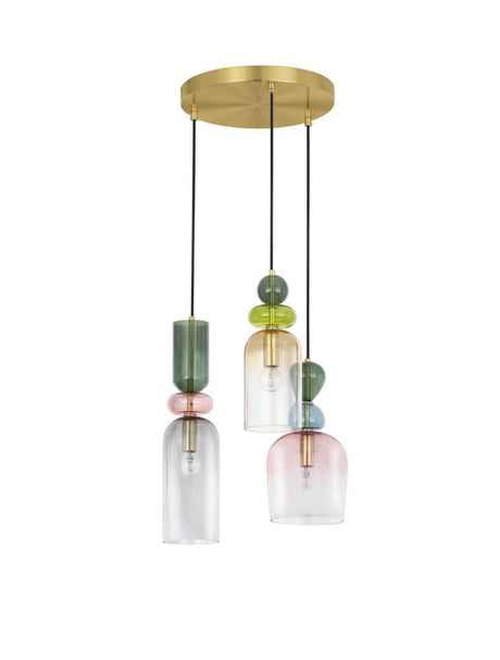 Alt Tag: Murano suspension 3 lumières Ø 41,7 cm or, multicolore - suspension en verre à trois lumières avec plaque de plafond dorée et abat-jour en verre multicolores