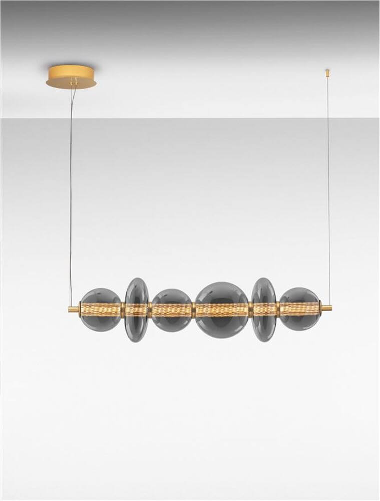 Navi LED Hängeleuchte Horizontal mit Glasdisks in Rauchgrau und Aluminiumrahmen in Messinggold.