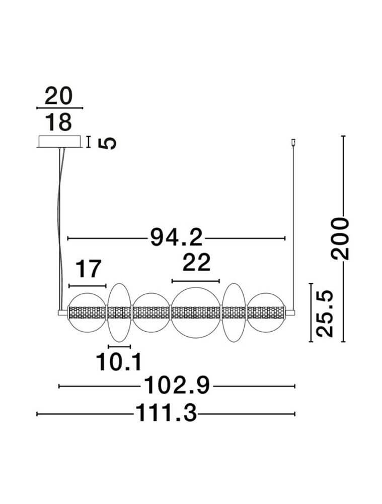 Navi LED Hängeleuchte Horizontal technische Zeichnung mit Maßen und Details.