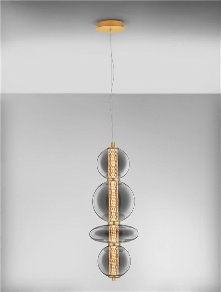 Navi LED Hängeleuchte Verikal in elegantem Design mit goldfarbenem Metall und gläsernen Elementen.