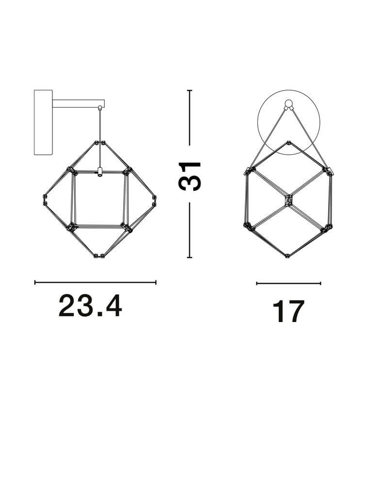 Nebula LED Wandleuchte Ø 23,4cm 3000K Maßzeichnung mit Abmessungen 23,4 cm und 31 cm, geometrisches Design.