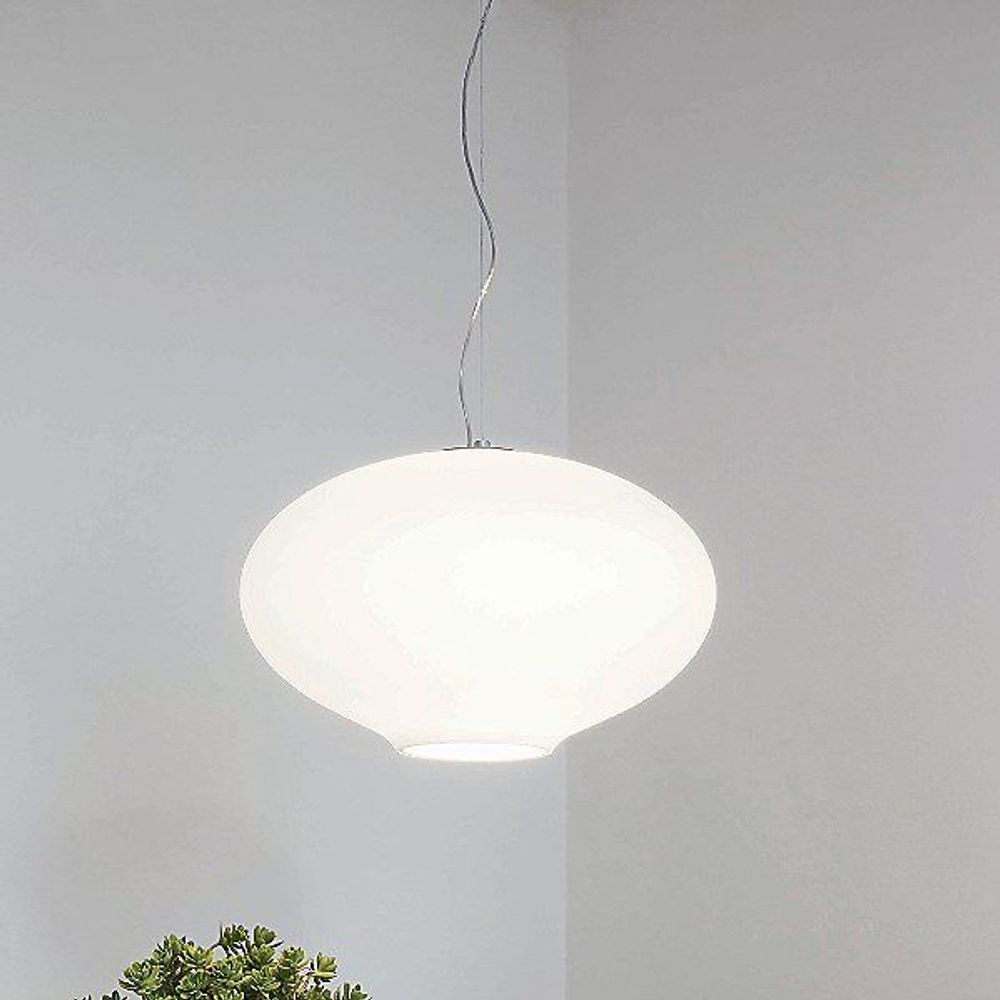 Nemo Anita Glas Hängelampe Ø 54cm mit großem, geblasenem Triplex-Opalglas und verchromten Metallteilen.