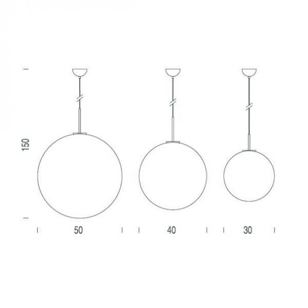 Nemo Asteroide Hängelampe Glaskugel - technische Zeichnung von Größen 30, 40 und 50 cm.