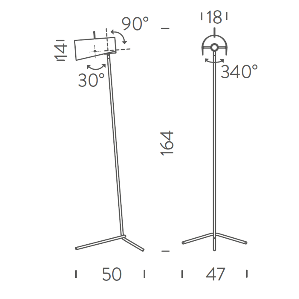 Nemo Claritas Stehlampe 164cm schwarz technische Zeichnung mit Maßen von Lampenmodellen.
