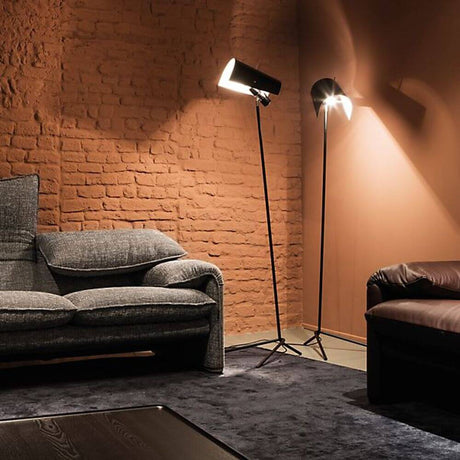 Gemütlicher Wohnbereich mit Nemo Claritas Stehlampe 164cm schwarz und moderner Couch.