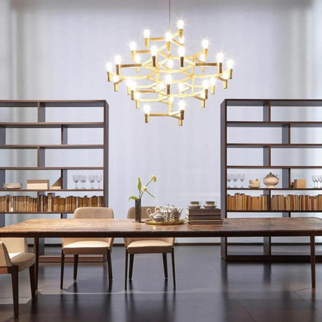Nemo Crown Magnum chandelier 42-light Ø 160cm in a modern dining room above the table.