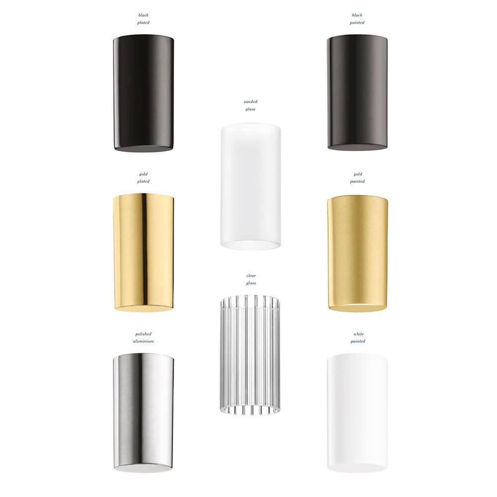 Verschiedene Oberflächenoptionen der Nemo Crown Major Hängelampe: mattweiß, mattschwarz, gold lackiert, chrom, gestreiftes Glas.